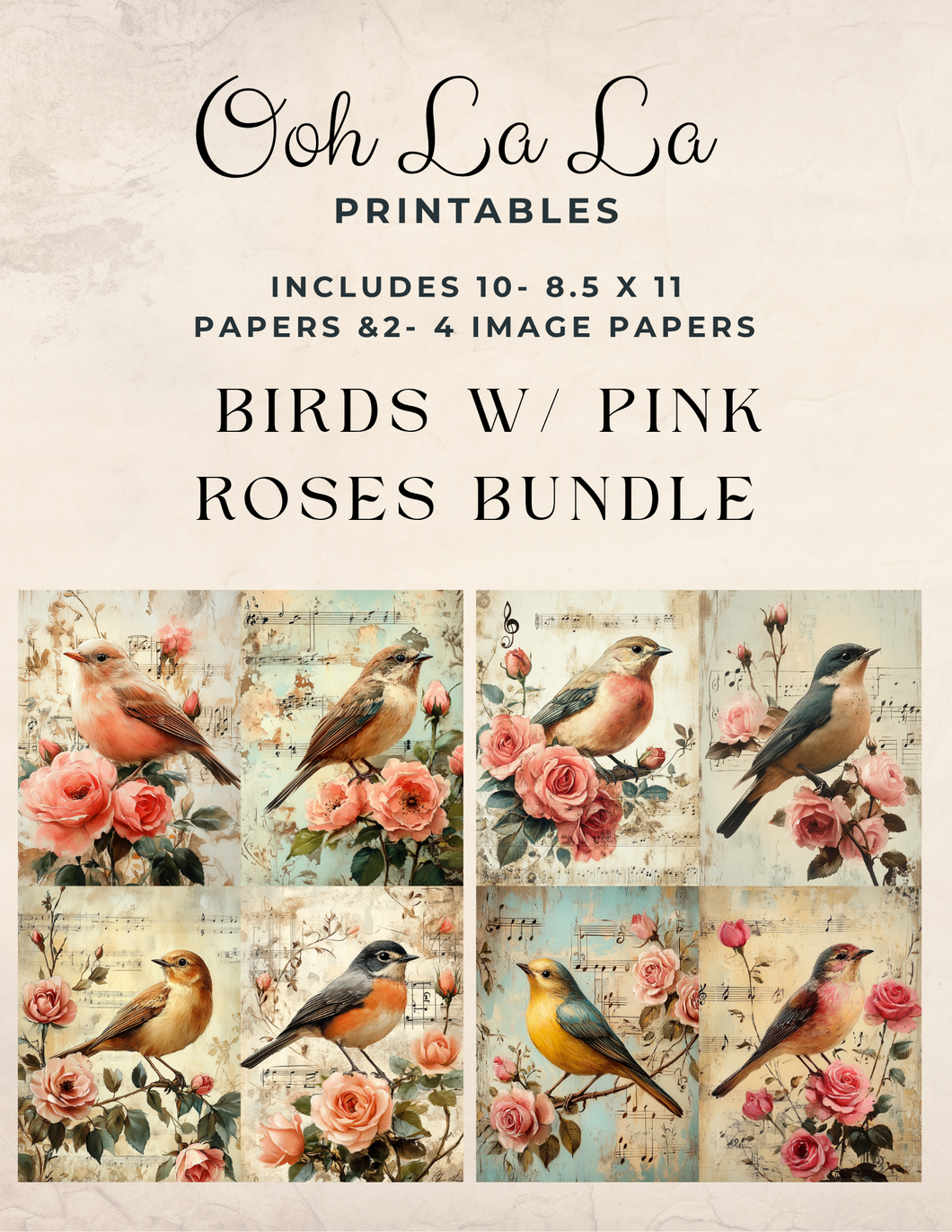 Birds with Pink Roses Bundle- Ooh La La Printables