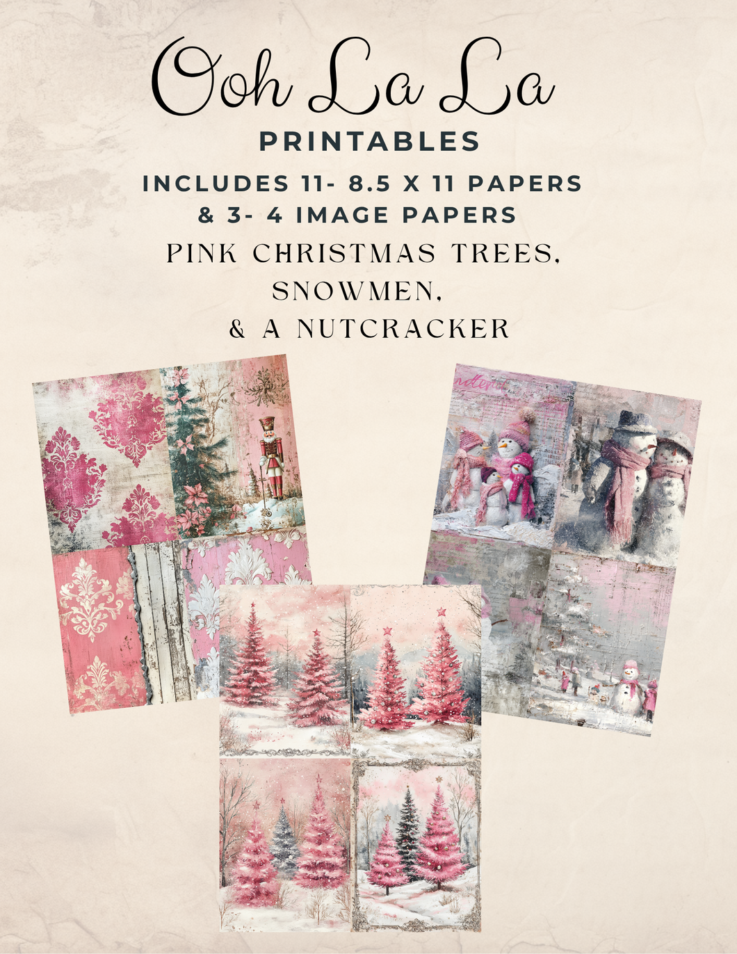 Pink Christmas Trees, Snowmen, & Nutcracker Bundle- Ooh La La Printables