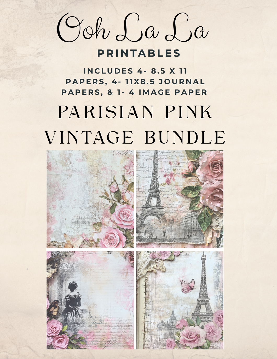 Parisian Pink Vintage Bundle- Journal Pages w/ Tags- Ooh La La Digital Printables