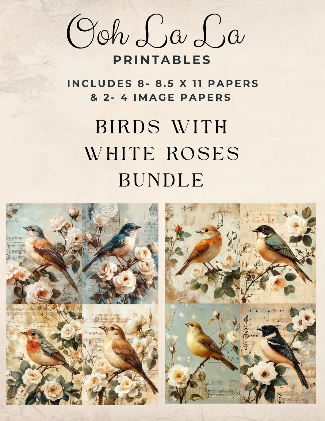 Birds W/ White Roses Bundle- Ooh La La Printables