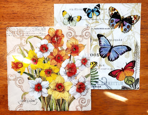 NAPKINS FOR DECOUPAGE~ DAFFODILS & BUTTERFLIES~ SET OF 2
